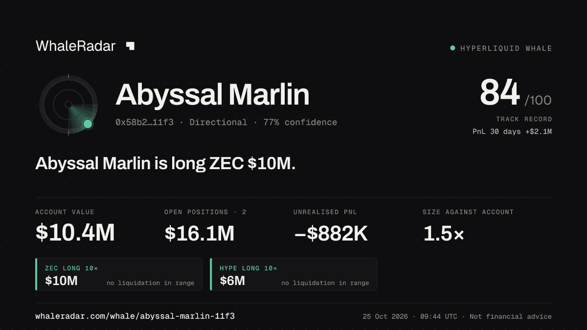 「Abyssal Marlin」分享卡片:Abyssal Marlin 持有 ZEC 1,010 万美元 多单。