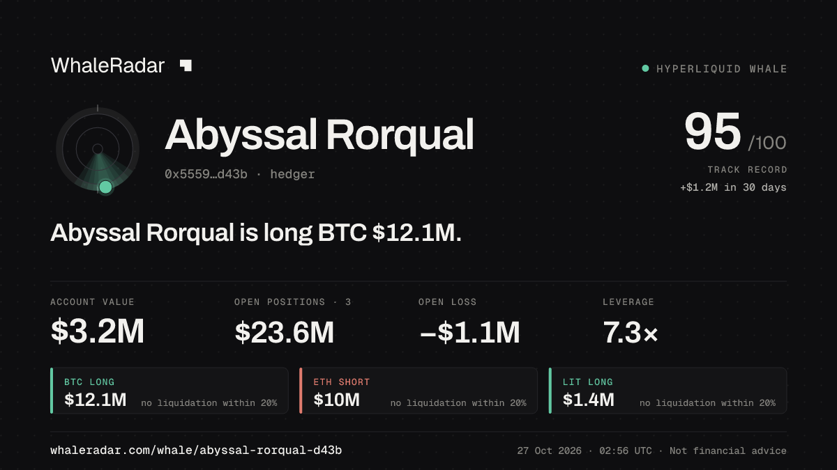 Share card for Abyssal Rorqual: Abyssal Rorqual is long BTC $12.2M.