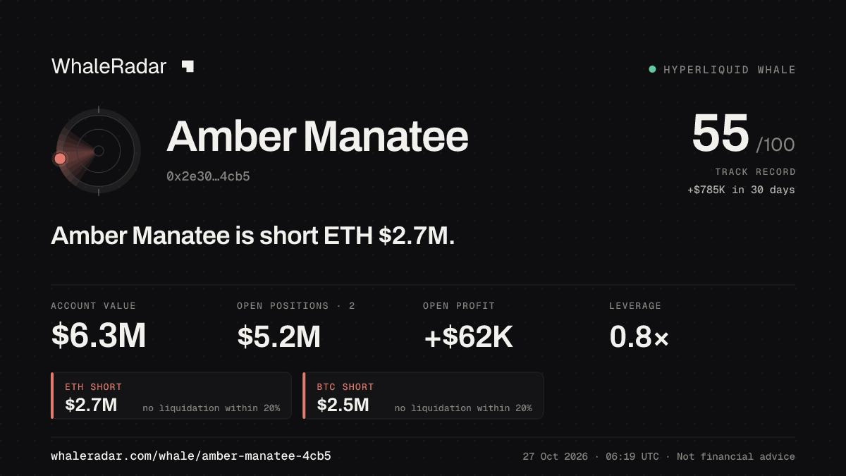 Amber Manatee 공유 카드: Amber Manatee: ETH 숏 266만 달러.