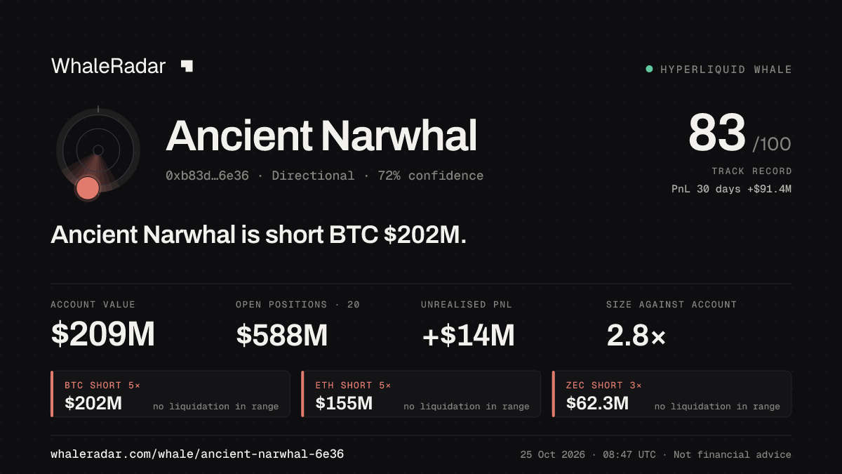 Share card for Ancient Narwhal: Ancient Narwhal is short BTC $203M.