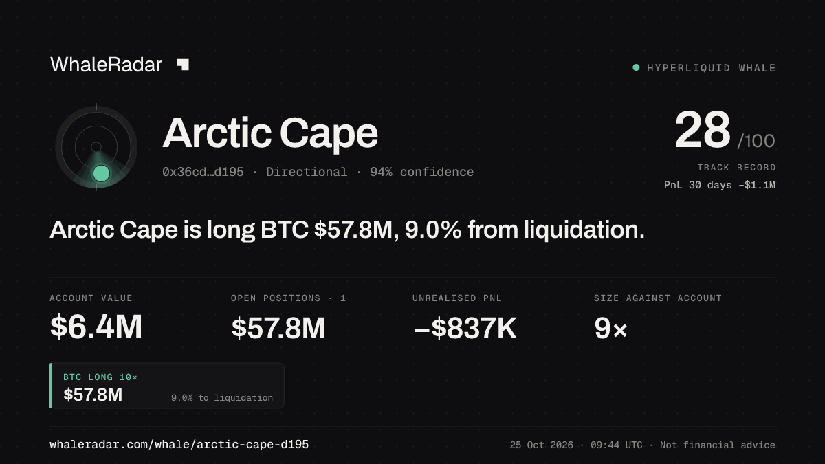 「Arctic Cape」分享卡片:Arctic Cape 持有 BTC 5,796 万美元 多单,距爆仓 9.3%。