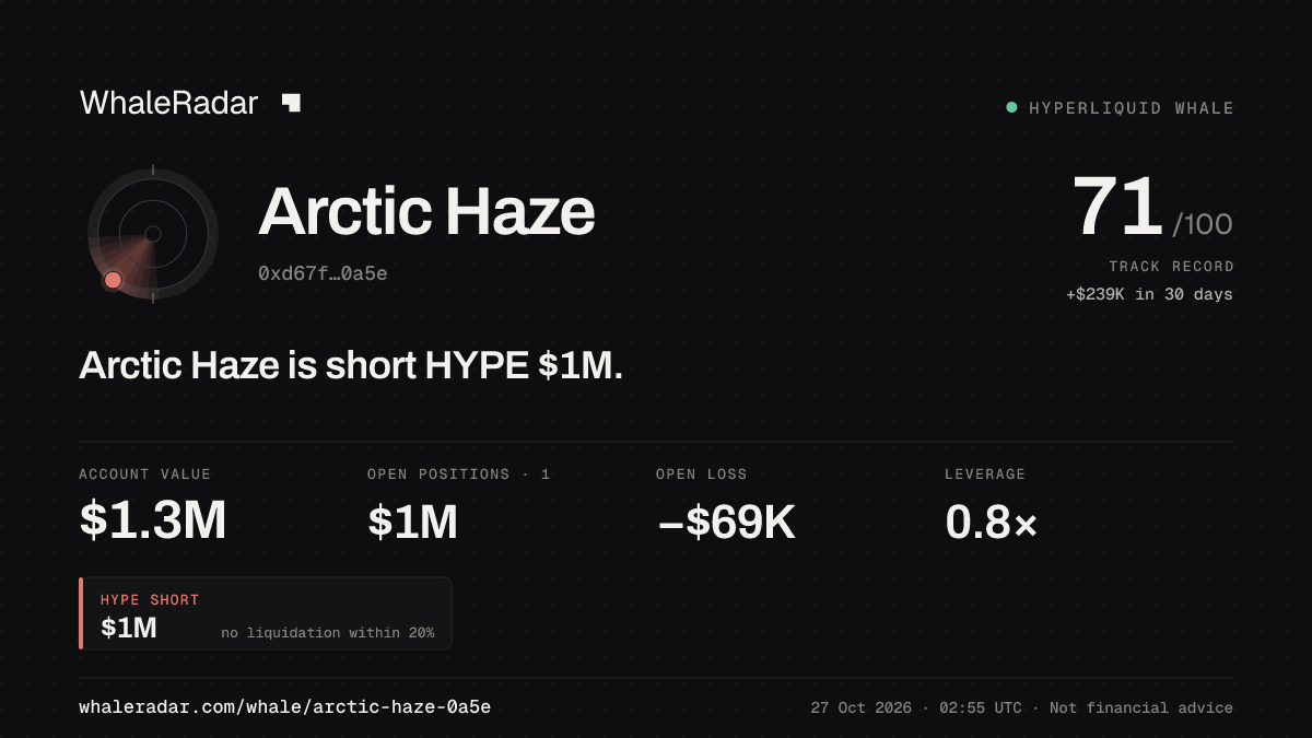 Share card for Arctic Haze: Arctic Haze is short HYPE $1M.