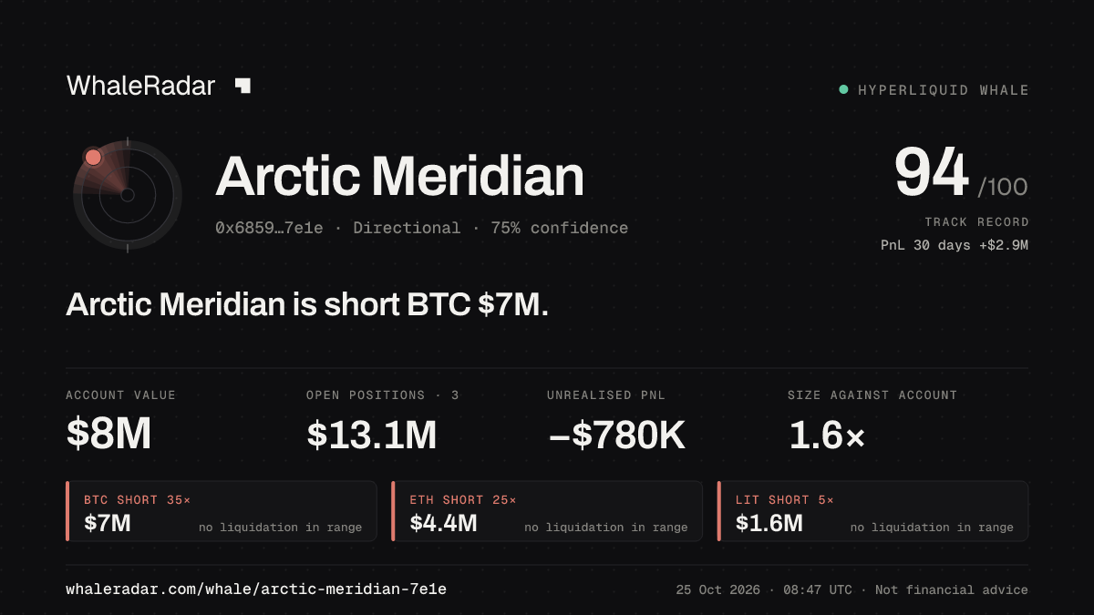 Share card for Arctic Meridian: Arctic Meridian is short BTC $7M.