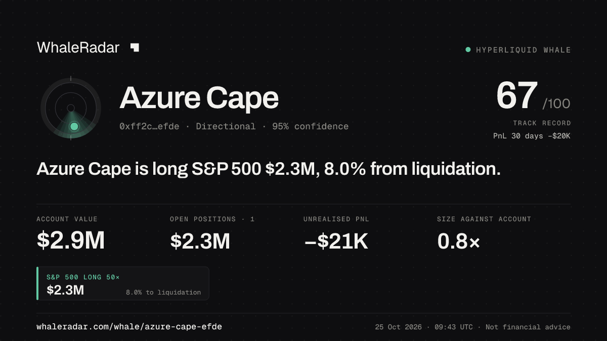 「Azure Cape」分享卡片:Azure Cape 持有 S&P 500 229 万美元 多单,距爆仓 8.0%。
