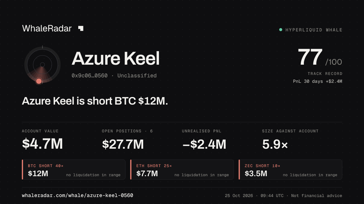 Share card for Azure Keel: Azure Keel is short BTC $12M.