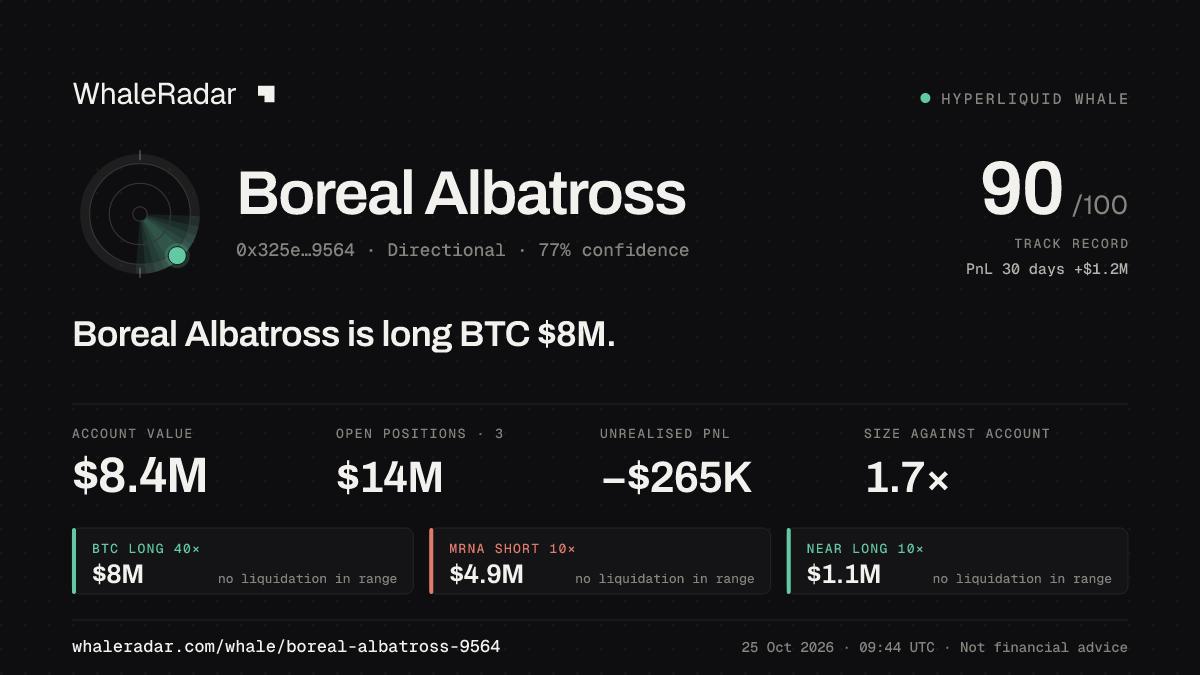 「Boreal Albatross」分享卡片:Boreal Albatross 持有 BTC 805 万美元 多单。