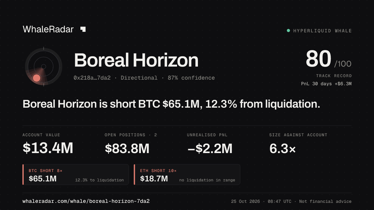 Share card for Boreal Horizon: Boreal Horizon is short BTC $65.2M, 12.0% from liquidation.