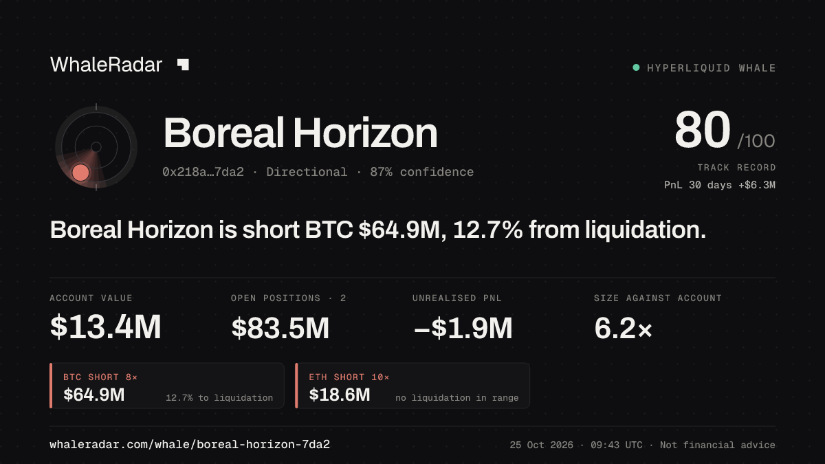 「Boreal Horizon」分享卡片:Boreal Horizon 持有 BTC 6,508 万美元 空单,距爆仓 12.4%。