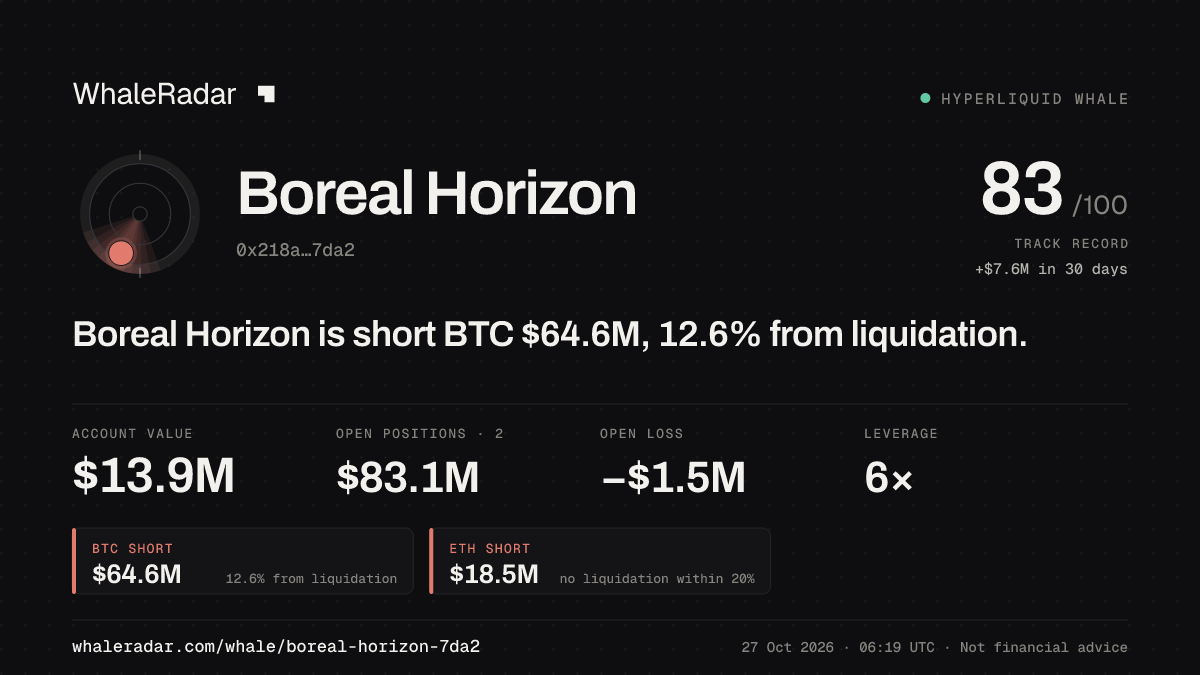 Boreal Horizon 공유 카드: Boreal Horizon: BTC 숏 6,456만 달러, 청산까지 12.6%.