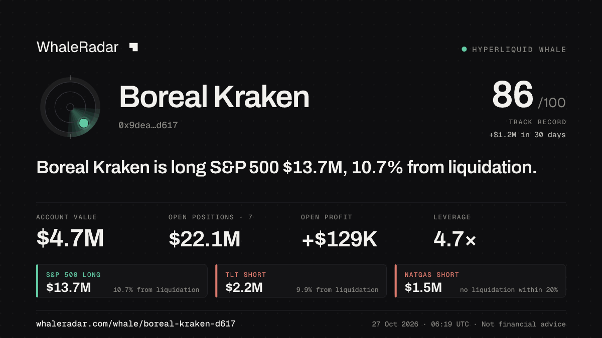 Boreal Kraken 공유 카드: Boreal Kraken: S&P 500 롱 1,369만 달러, 청산까지 10.8%.