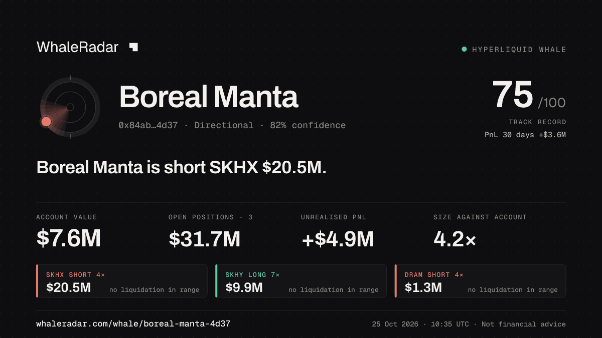 「Boreal Manta」分享卡片:Boreal Manta 持有 SKHX 2,042 万美元 空单。