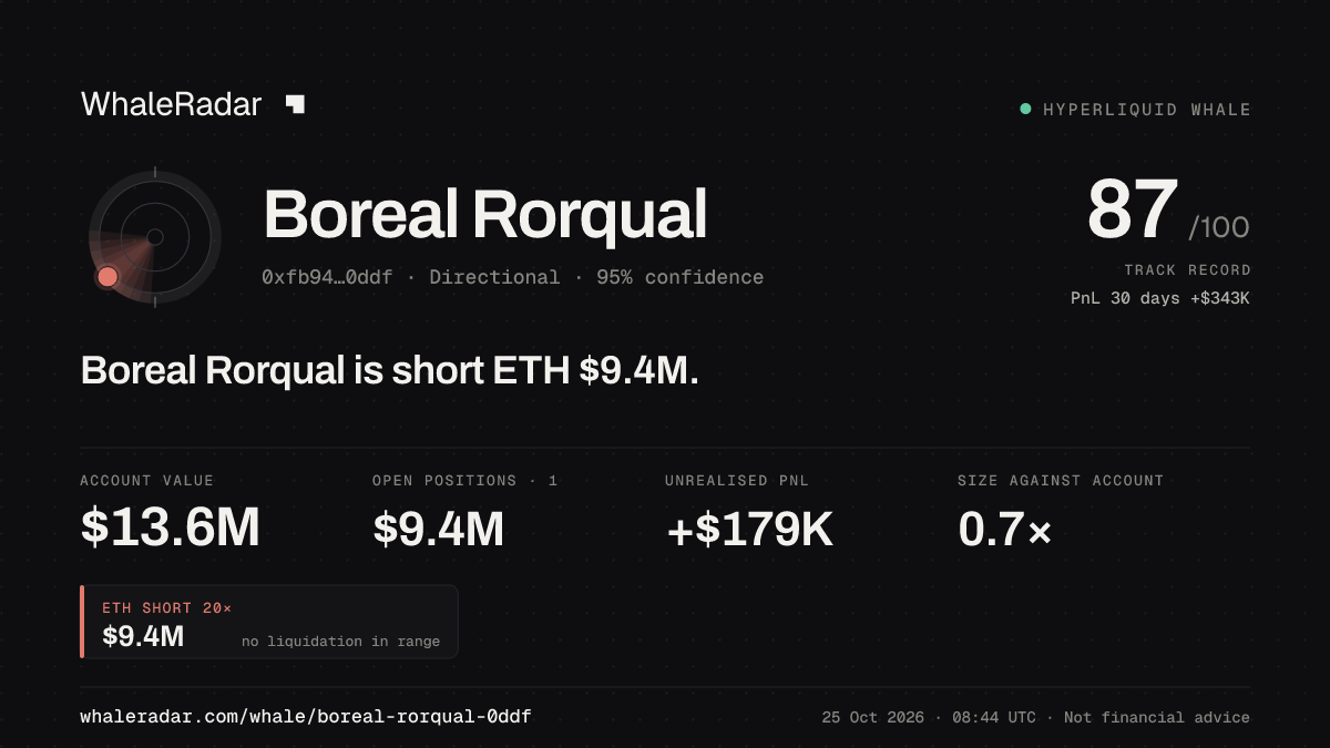 Share card for Boreal Rorqual: Boreal Rorqual is short ETH $9.4M.