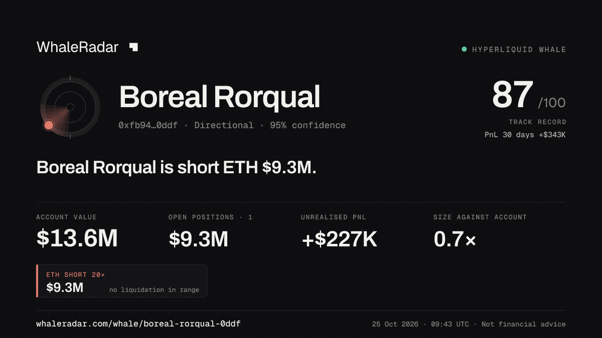 「Boreal Rorqual」分享卡片:Boreal Rorqual 持有 ETH 936 万美元 空单。