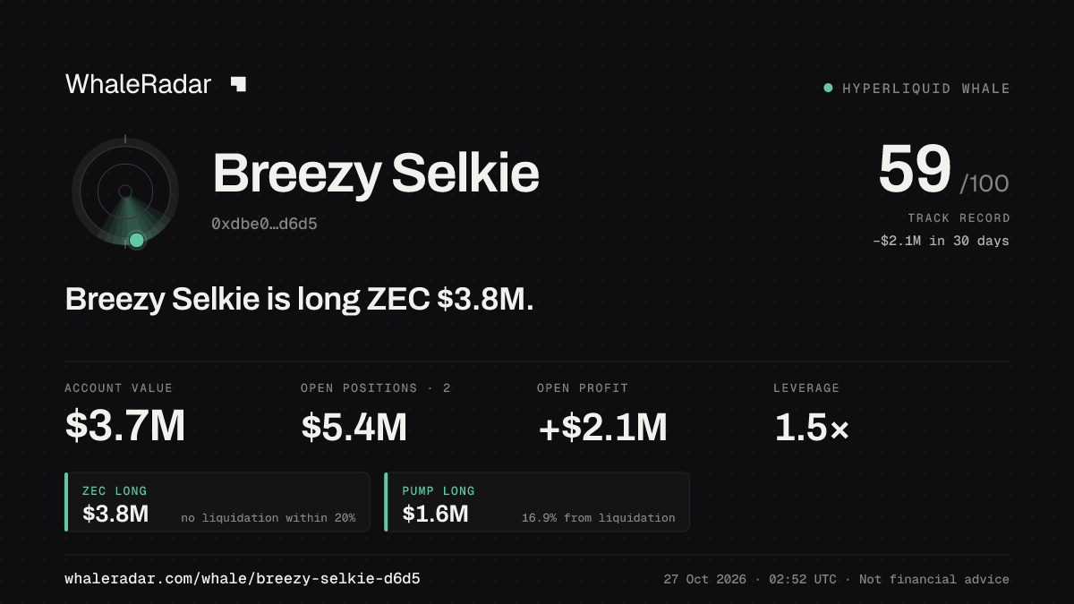 Share card for Breezy Selkie: Breezy Selkie is long ZEC $3.8M.