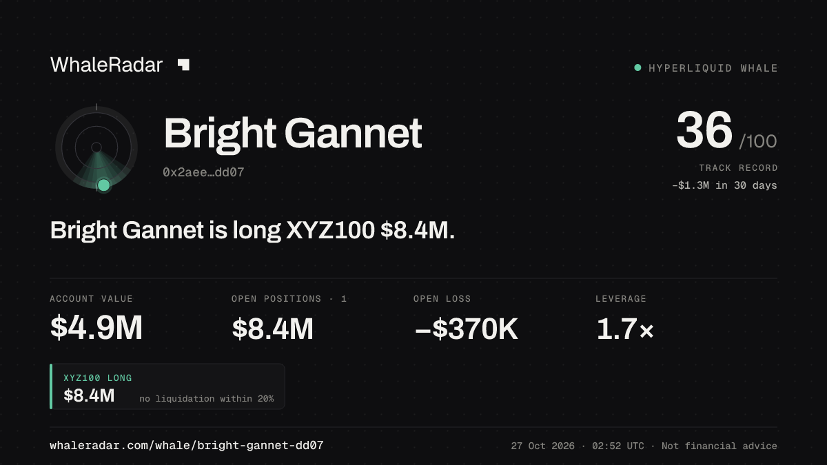 Share card for Bright Gannet: Bright Gannet is long XYZ100 $8.4M.