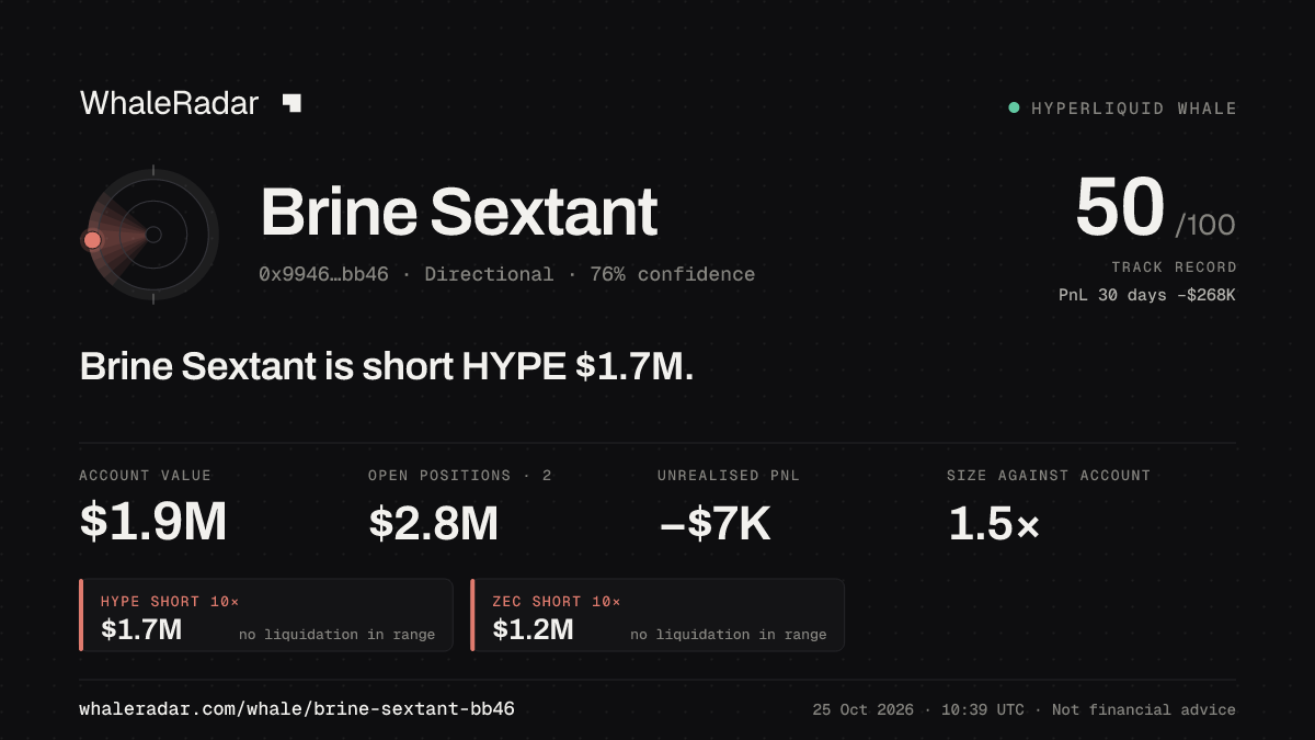 「Brine Sextant」分享卡片:Brine Sextant 持有 HYPE 166 万美元 空单。