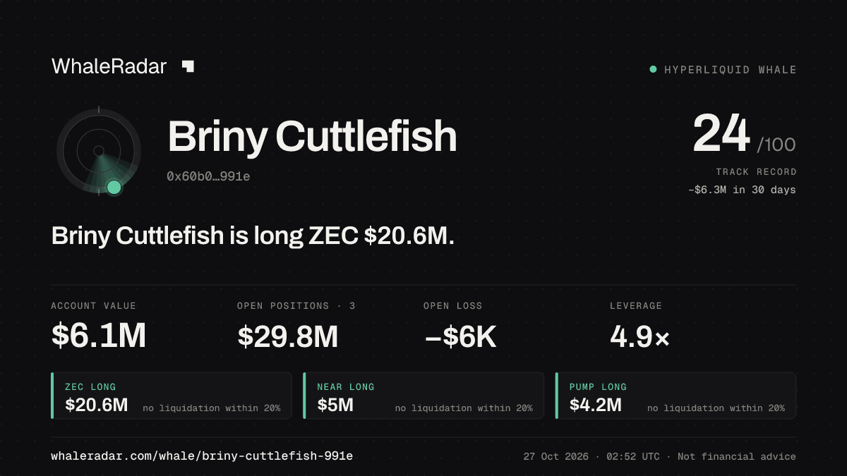Share card for Briny Cuttlefish: Briny Cuttlefish is long ZEC $20.8M.