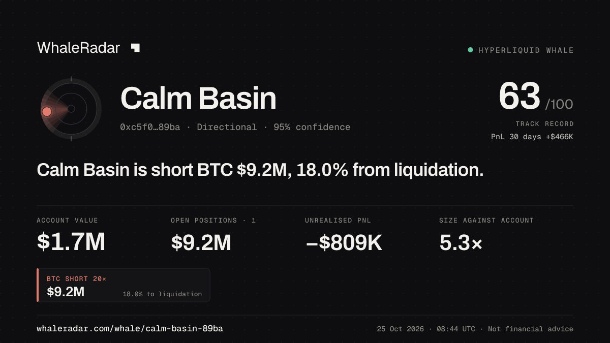 Share card for Calm Basin: Calm Basin is short BTC $9.2M, 17.6% from liquidation.