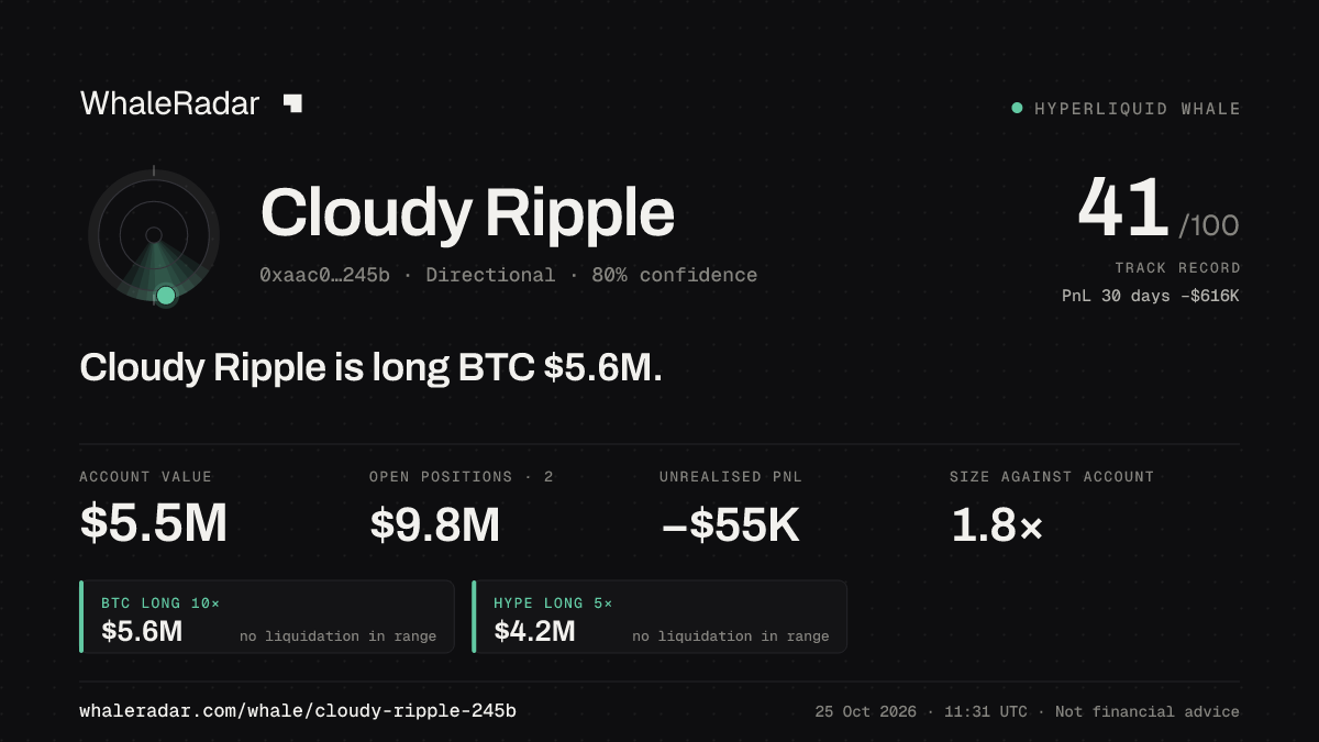「Cloudy Ripple」分享卡片:Cloudy Ripple 持有 BTC 561 万美元 多单。