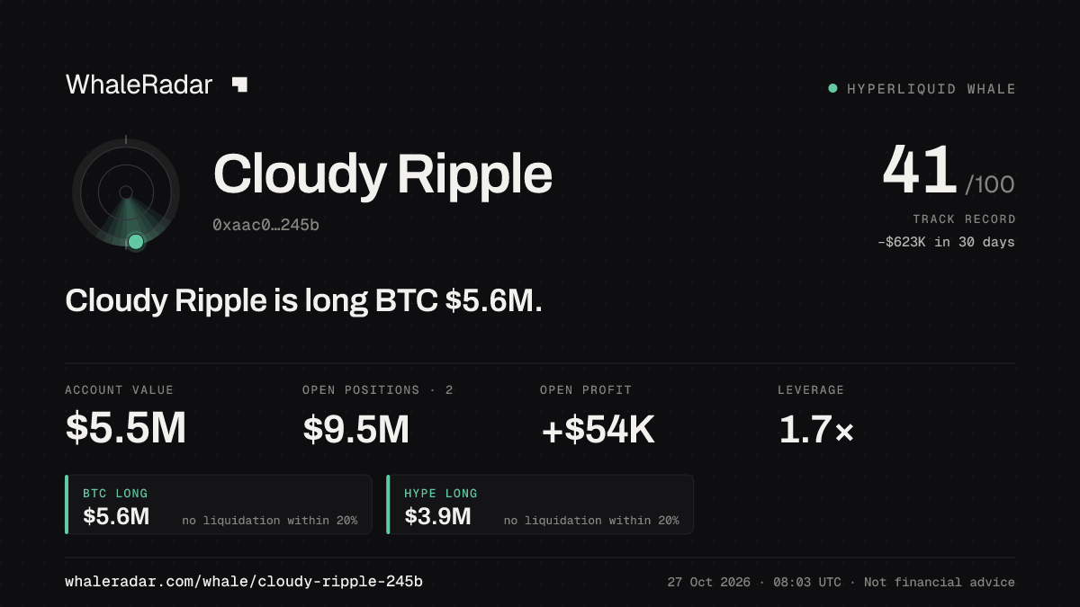 Cloudy Ripple 공유 카드: Cloudy Ripple: BTC 롱 556만 달러.