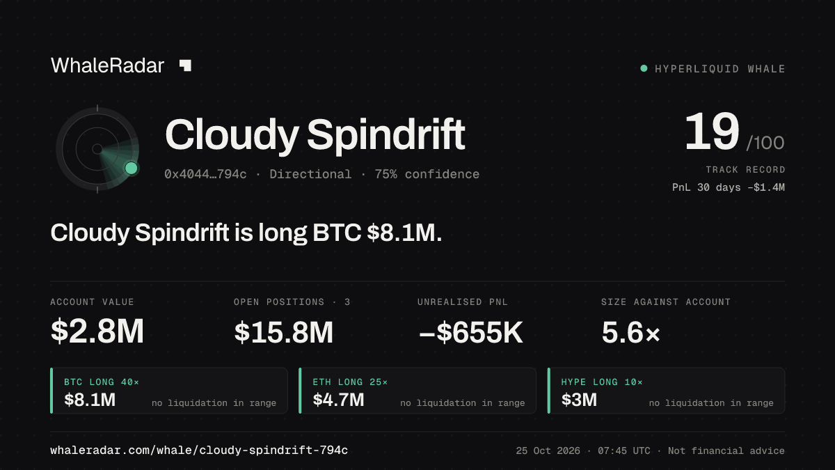 Share card for Cloudy Spindrift: Cloudy Spindrift is long BTC $8.1M.