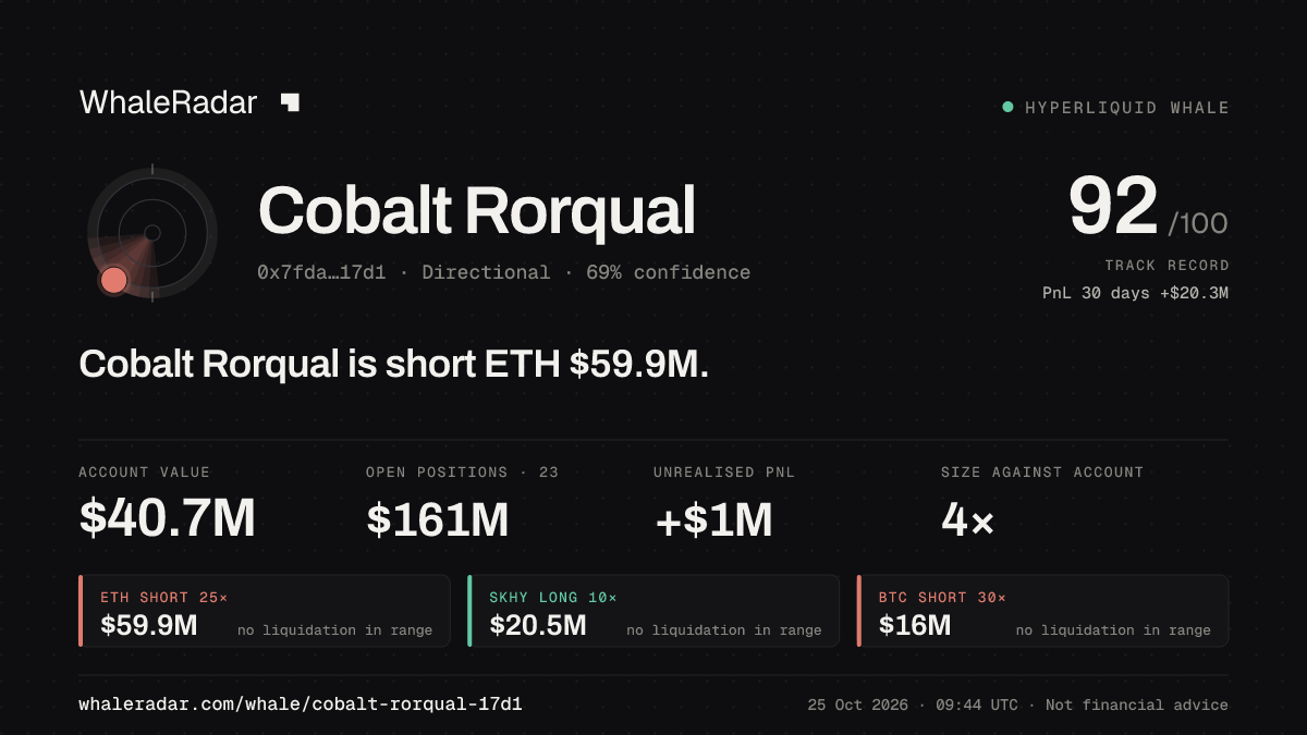 「Cobalt Rorqual」分享卡片:Cobalt Rorqual 持有 ETH 5,988 万美元 空单。