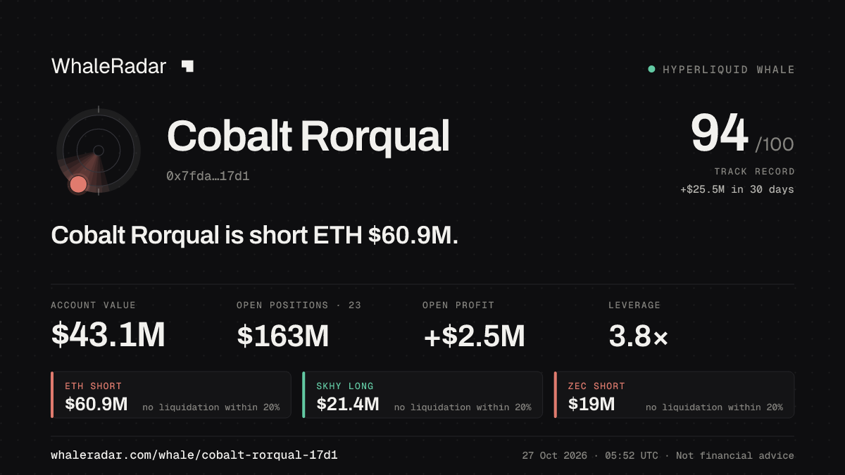 Cobalt Rorqual 공유 카드: Cobalt Rorqual: ETH 숏 6,077만 달러.