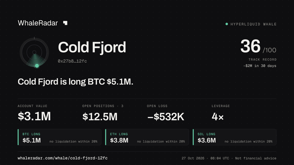 Cold Fjord 공유 카드: Cold Fjord: BTC 롱 510만 달러.