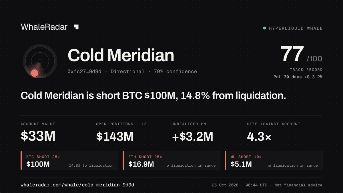 Share card for Cold Meridian: Cold Meridian is short BTC $100M, 14.4% from liquidation.