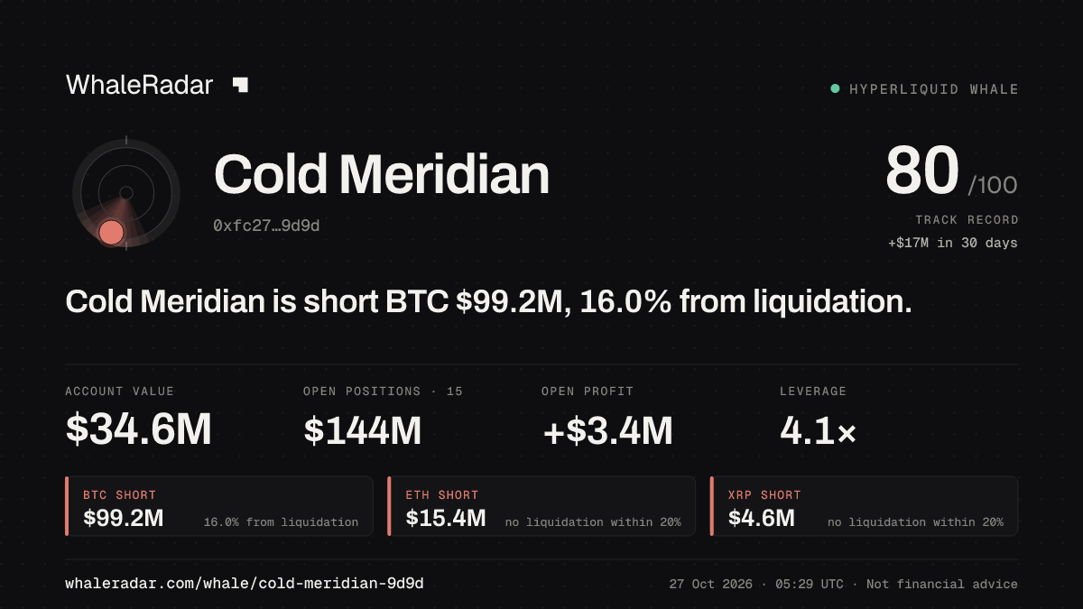 Cold Meridian 공유 카드: Cold Meridian: BTC 숏 9,910만 달러, 청산까지 16.0%.