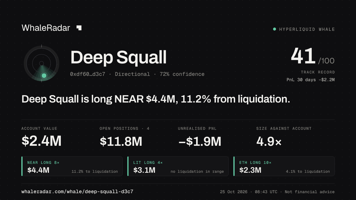 Share card for Deep Squall: Deep Squall is long NEAR $4.4M, 11.7% from liquidation.
