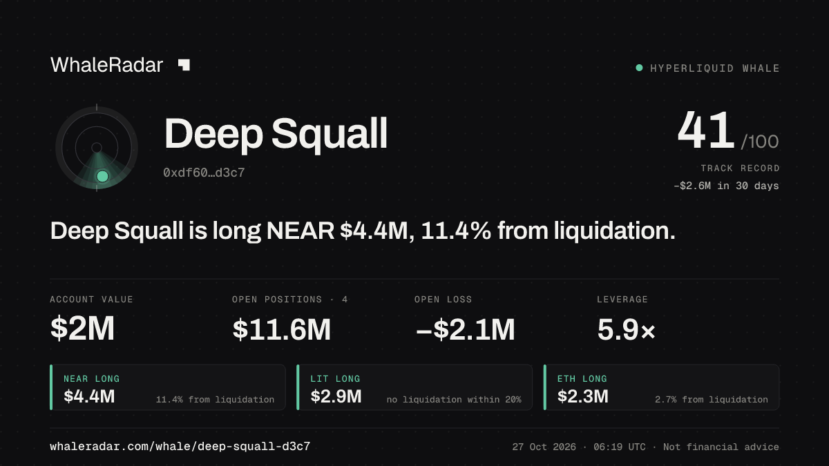 Deep Squall 공유 카드: Deep Squall: NEAR 롱 444만 달러, 청산까지 11.5%.