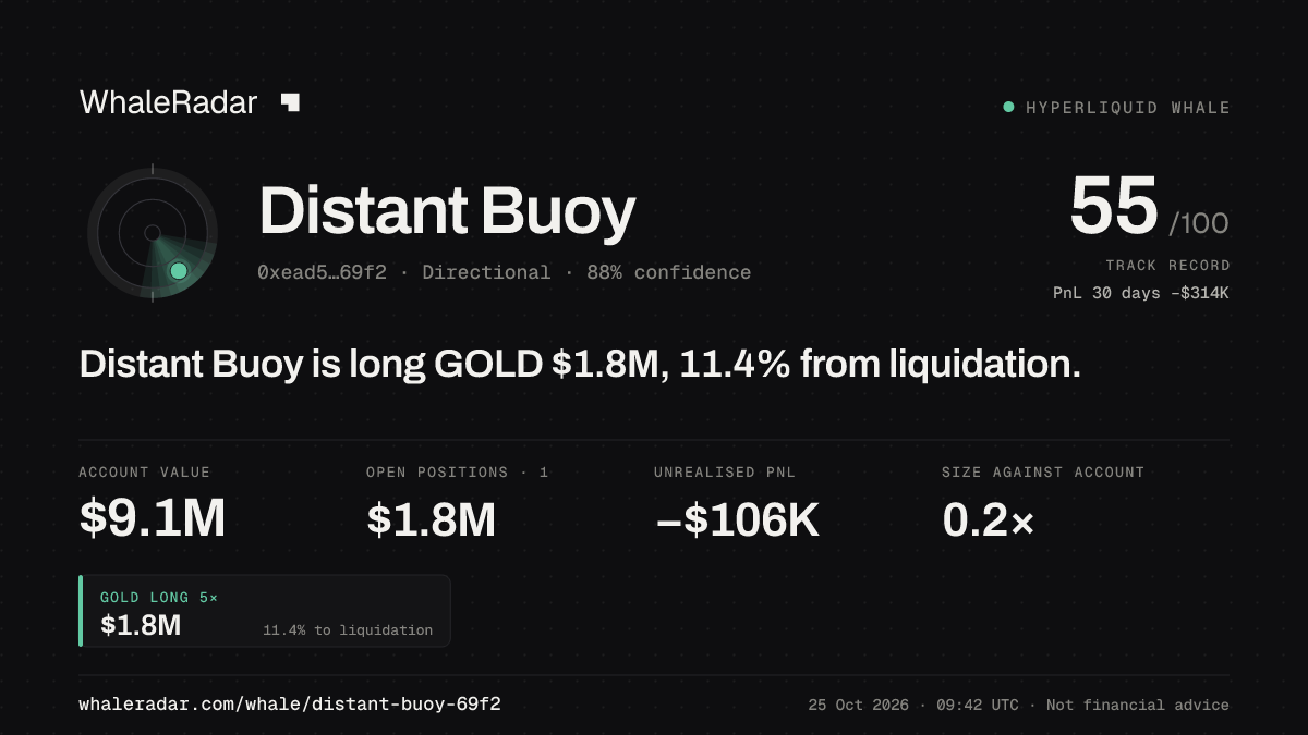 Share card for Distant Buoy: Distant Buoy is long GOLD $1.8M, 11.4% from liquidation.