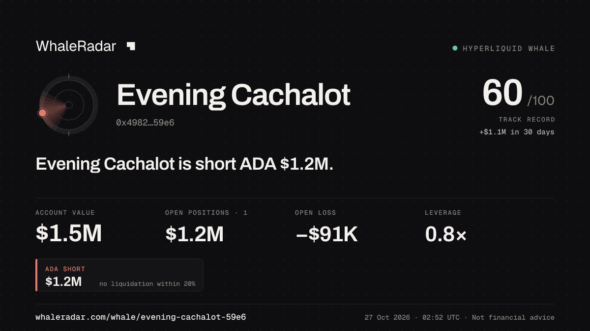 Share card for Evening Cachalot: Evening Cachalot is short ADA $1.2M.