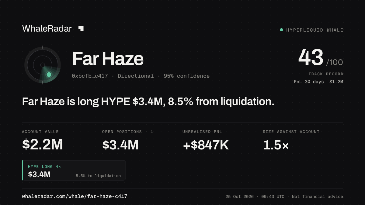 「Far Haze」分享卡片:Far Haze 持有 HYPE 337 万美元 多单,距爆仓 8.7%。