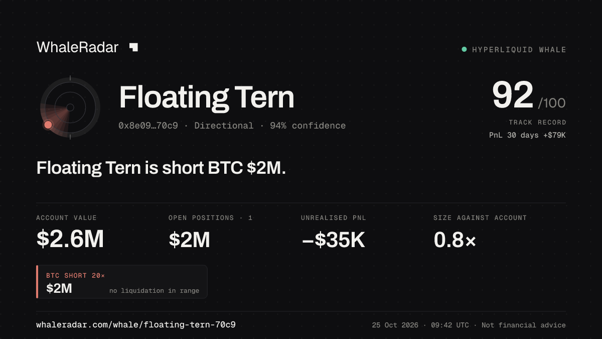 「Floating Tern」分享卡片:Floating Tern 持有 BTC 198 万美元 空单。