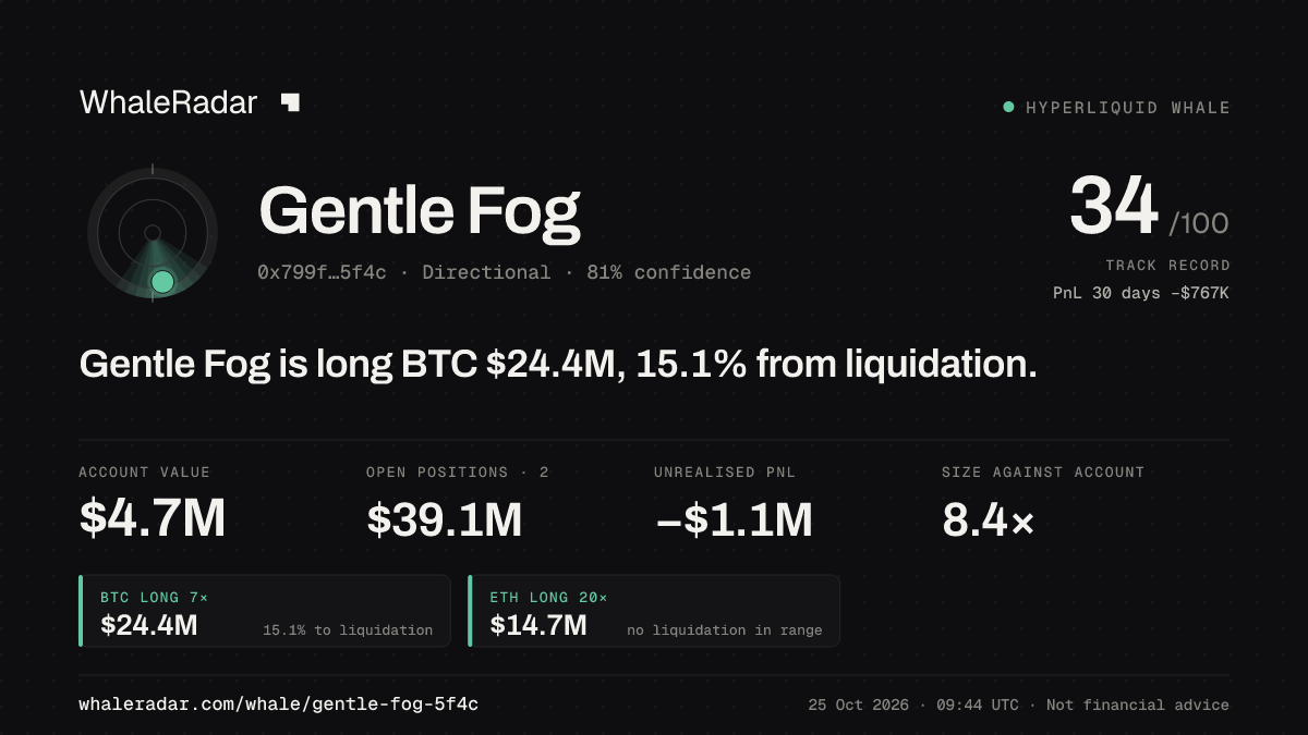 「Gentle Fog」分享卡片:Gentle Fog 持有 BTC 2,444 万美元 多单,距爆仓 15.7%。