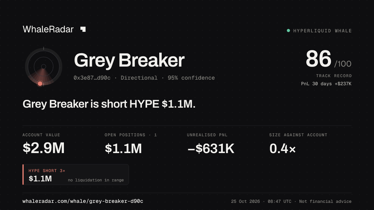 Share card for Grey Breaker: Grey Breaker is short HYPE $1.1M.