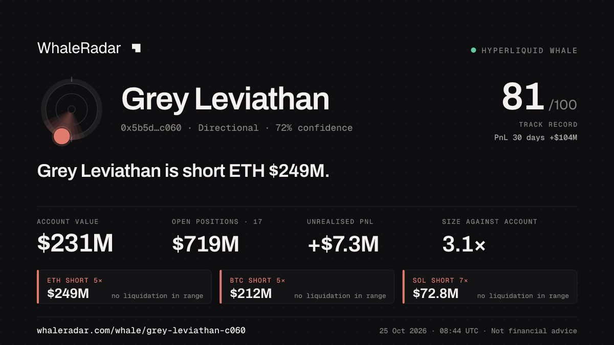 Share card for Grey Leviathan: Grey Leviathan is short ETH $250M.