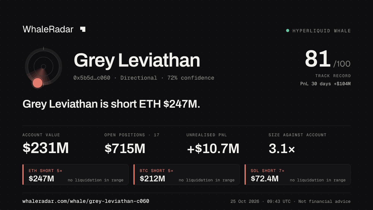 「Grey Leviathan」分享卡片:Grey Leviathan 持有 ETH 2.5 亿美元 空单。