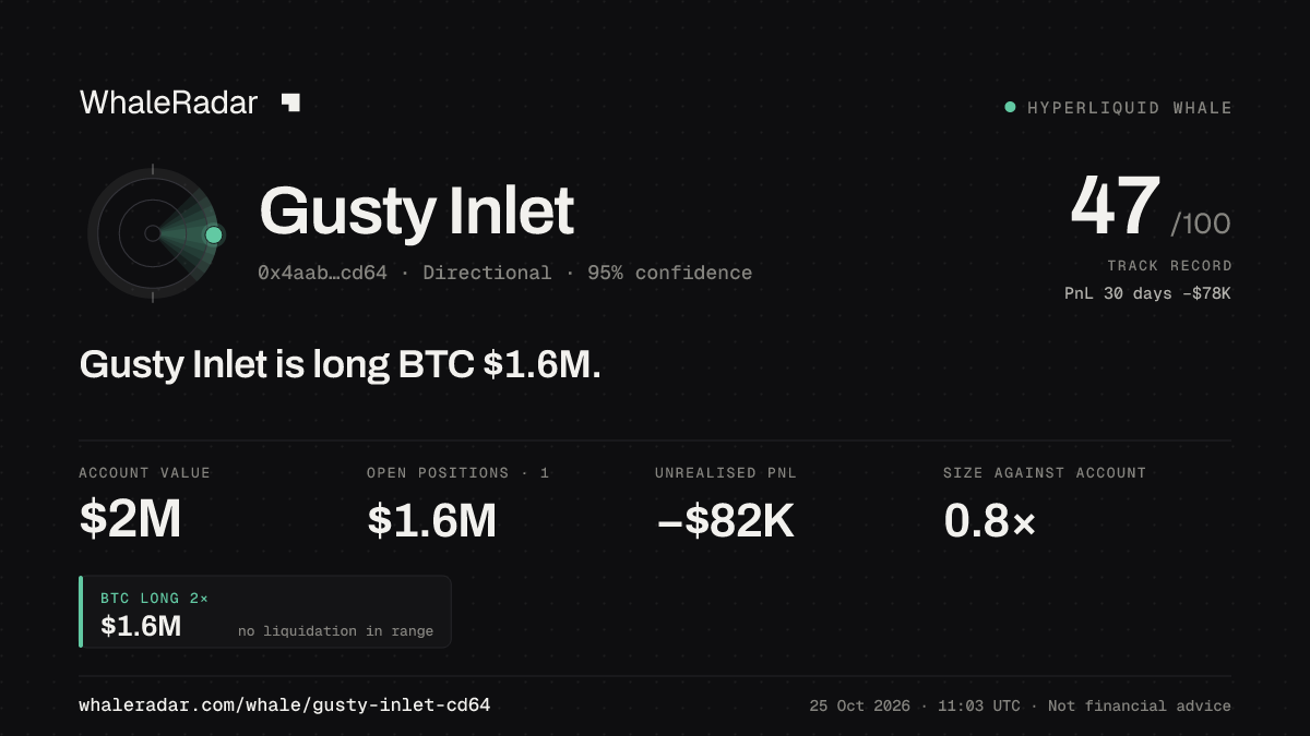 Share card for Gusty Inlet: Gusty Inlet is long BTC $1.6M.