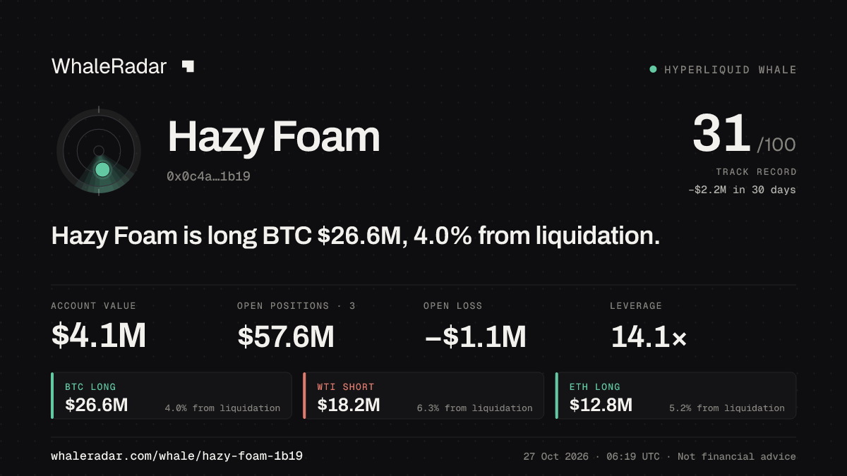 Hazy Foam 공유 카드: Hazy Foam: BTC 롱 2,658만 달러, 청산까지 4.0%.