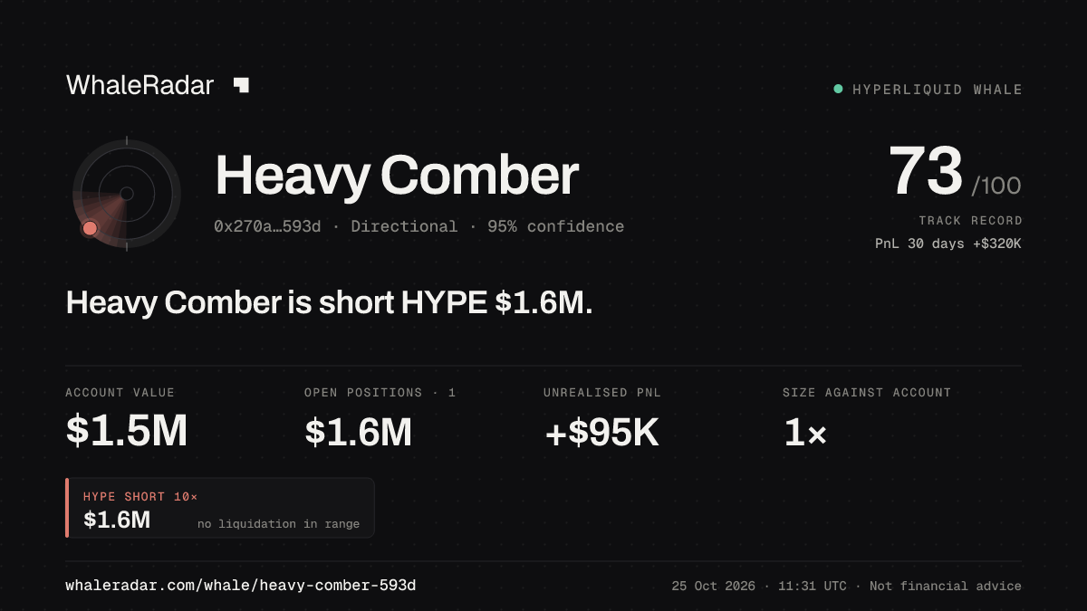 「Heavy Comber」分享卡片:Heavy Comber 持有 HYPE 157 万美元 空单。