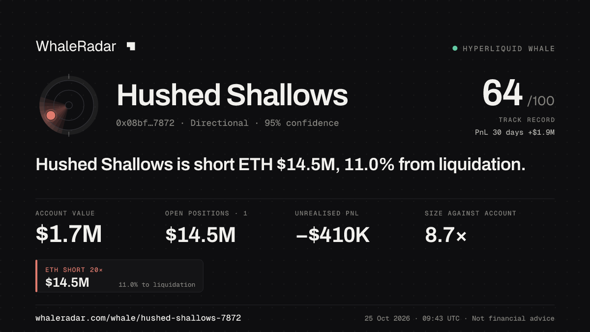 Share card for Hushed Shallows: Hushed Shallows is short ETH $14.5M, 10.5% from liquidation.