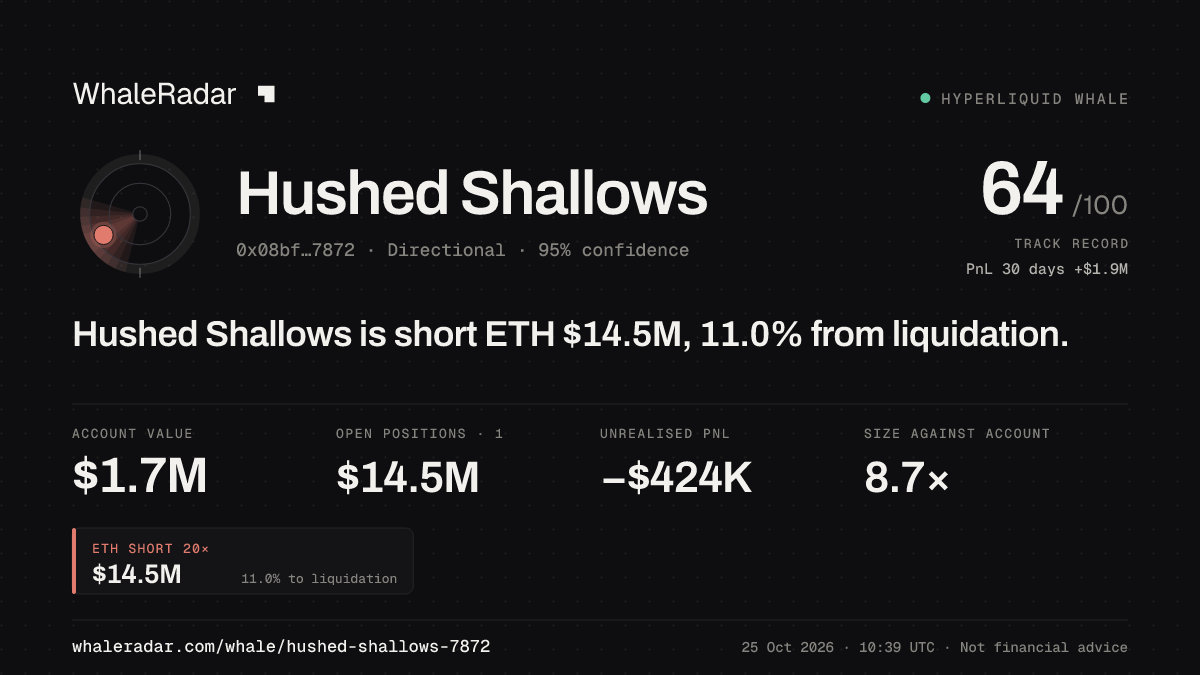 「Hushed Shallows」分享卡片:Hushed Shallows 持有 ETH 1,447 万美元 空单,距爆仓 11.1%。