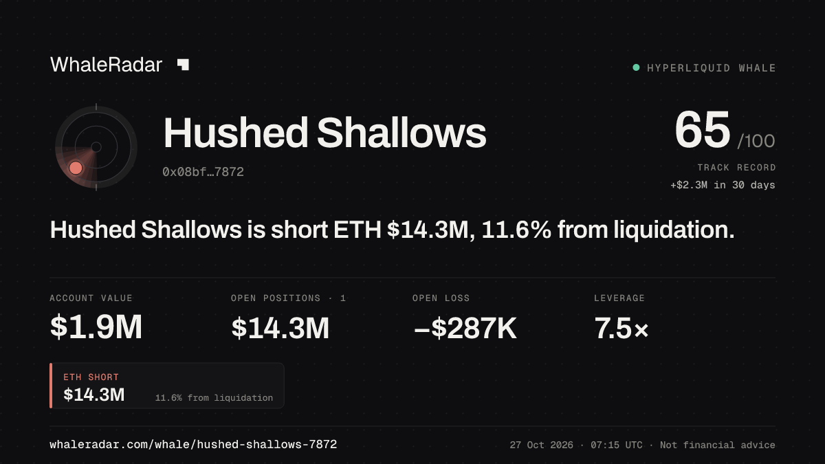 Hushed Shallows 공유 카드: Hushed Shallows: ETH 숏 1,439만 달러, 청산까지 11.0%.