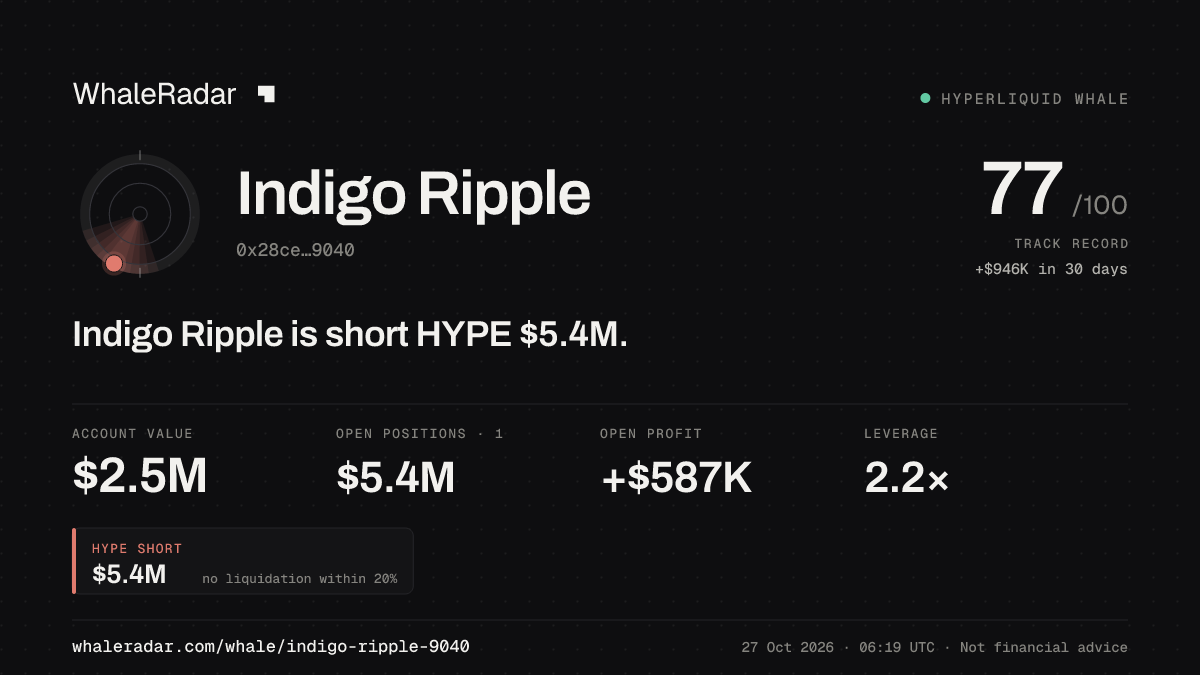 Indigo Ripple 공유 카드: Indigo Ripple: HYPE 숏 542만 달러.