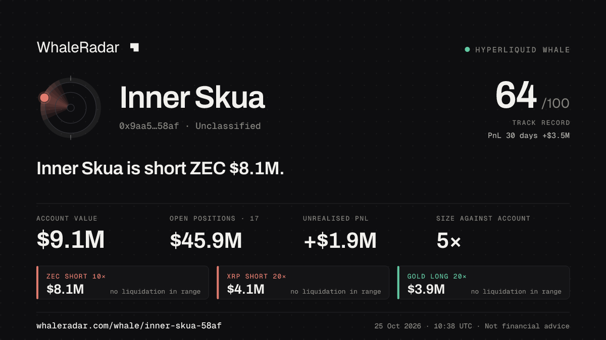 Share card for Inner Skua: Inner Skua is short ZEC $8.2M.