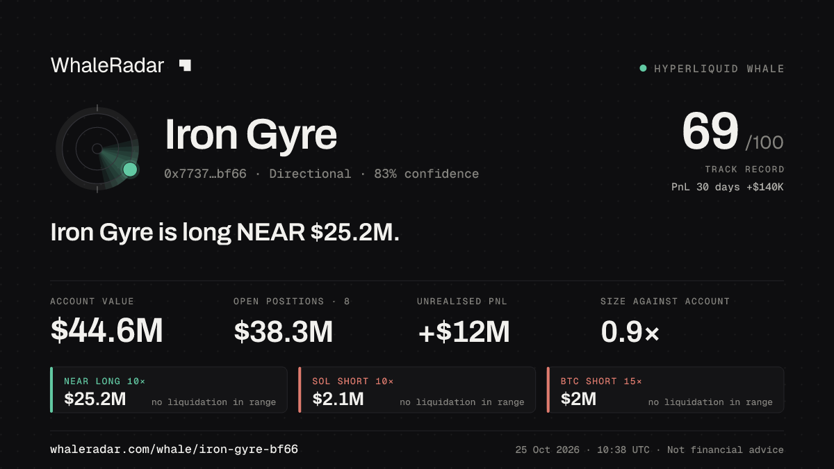「Iron Gyre」分享卡片:Iron Gyre 持有 NEAR 2,512 万美元 多单。