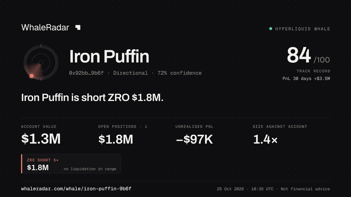 Share card for Iron Puffin: Iron Puffin is short ZRO $1.7M.